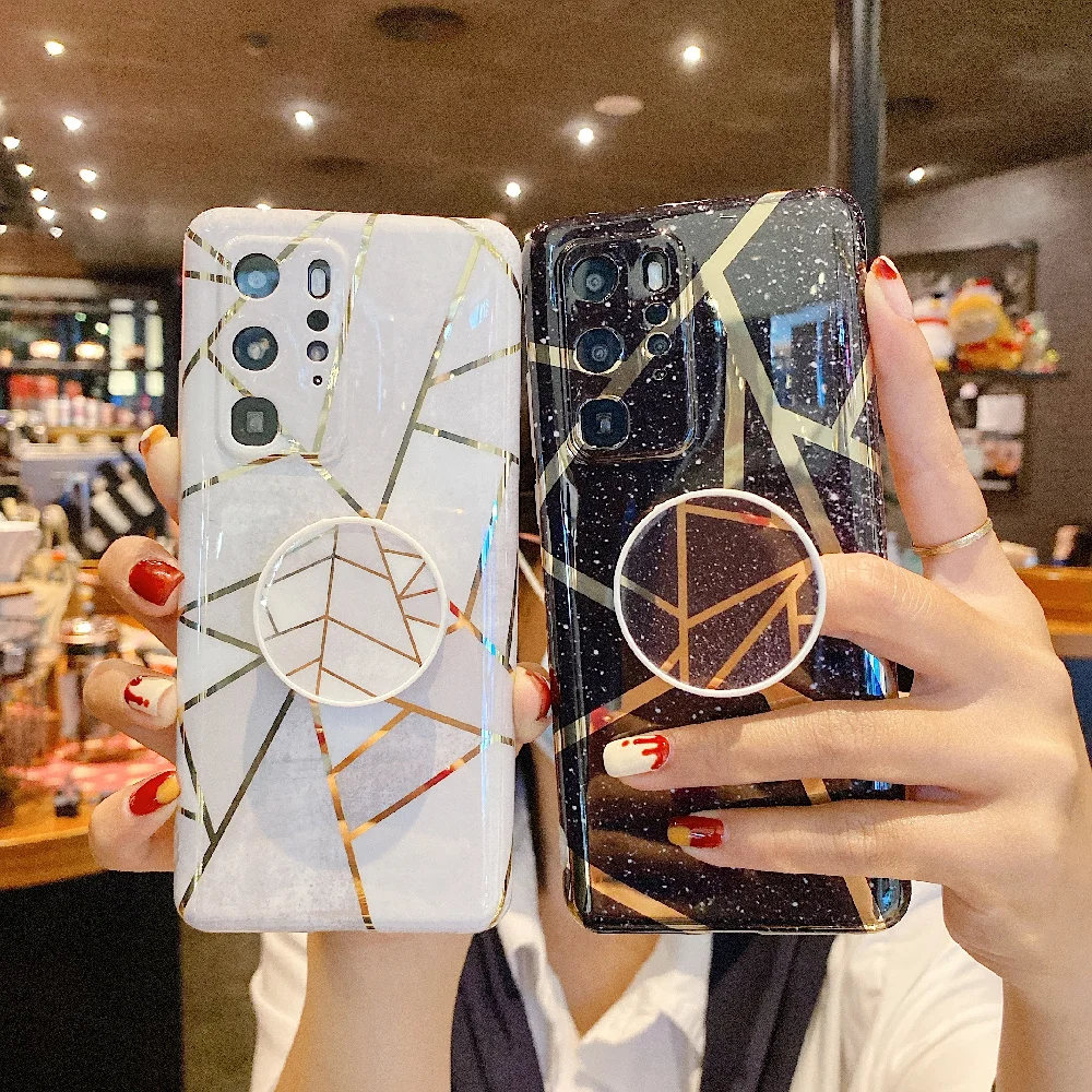 

Marble Phone Funda for Huawei P40 P30 P20 Mate 30 Honor V20 20 Pro Nova 7 SE Folding Bracket Coque Plating Geometric Soft Case