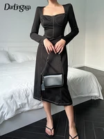 darlingaga square neck elegant corset long sleeve midi dress black korean fashion bright line female dress split party clothing