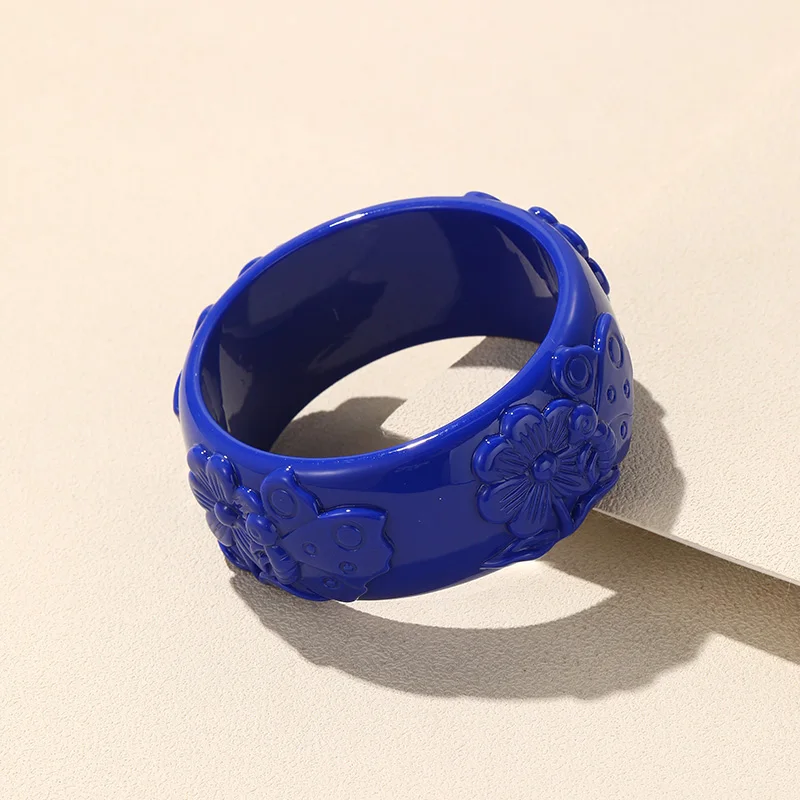 Korean Trendy Flower Pattern Bangle for Women Colorful Cute Acrylic Resin Bracelet Round Wide Charm Hand Accessory Retro Jewelry