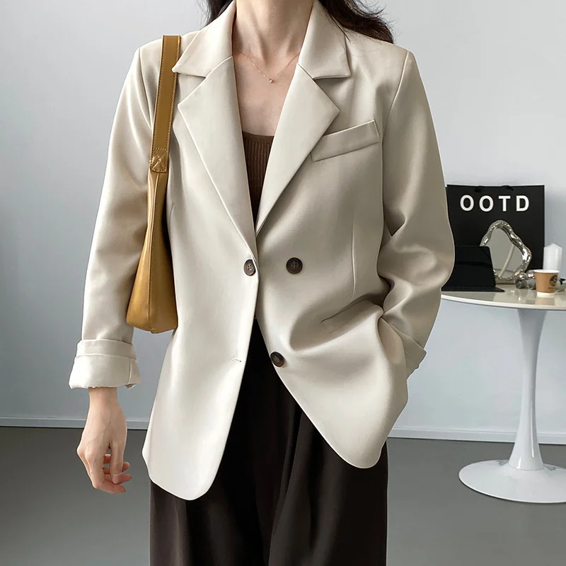 

Babyoung Korea Fashion Back Split Double Breasted Blazers Jacket Office Lady Beige Khaki Black Loose Blazer New in Outerwears