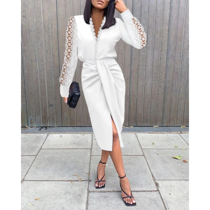 

European And American-Style2022Spring LoosevCollar Solid Color High Waist Midi Skirt Temperament Commute Lace Stitching Dress fo