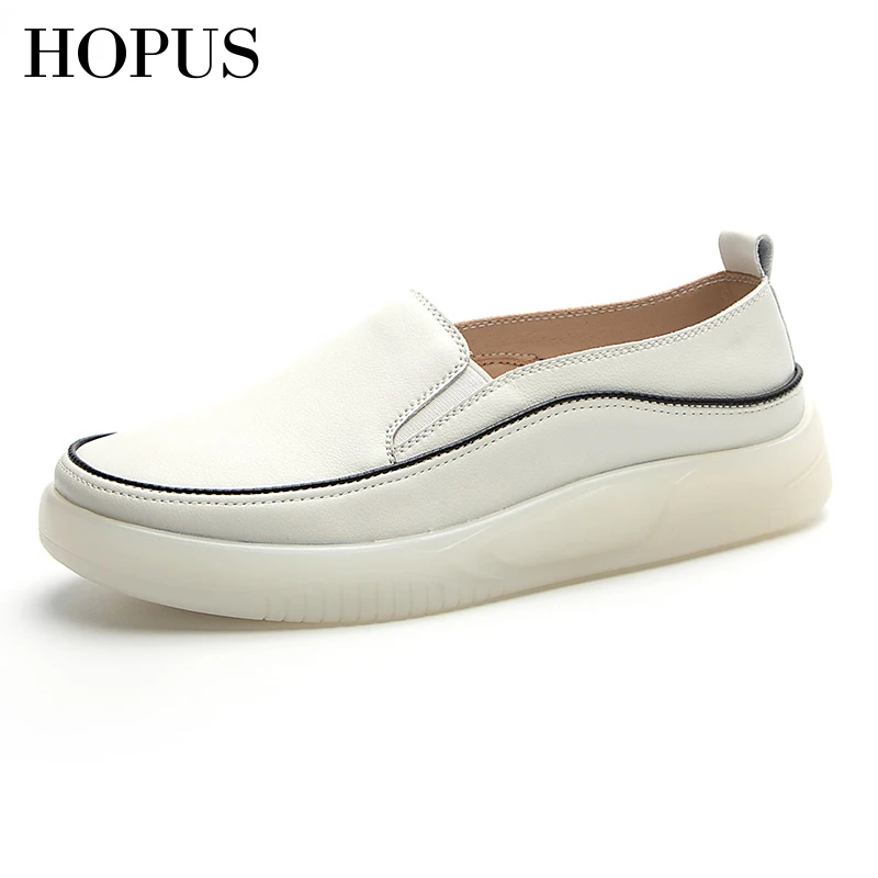 

HOPUS Leather Sneakers For Women 2023 New Fashion Soft Comfortable Woman Shoes Round Toe Slip-on Shoes Lady White Flats Big Size