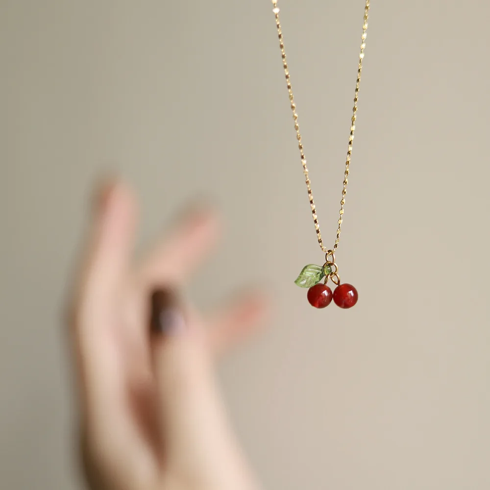 Korean Cute Crystal Cherry Pendant Necklace Fashion Design Trend Lovery Fruit Necklace Chokers for Women Girls Jewelry images - 6