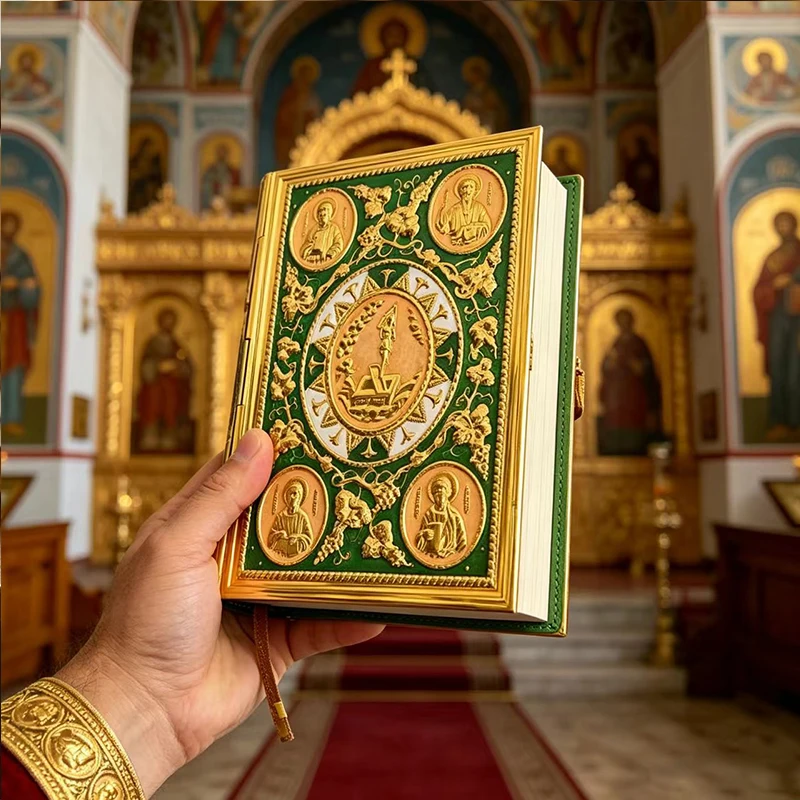 Фото Позолоченная эмалированная обложка для Евангелия с иконами апостолов, идеальный религиозный подарок для православного христианского алтаря или домашнего использования. №3