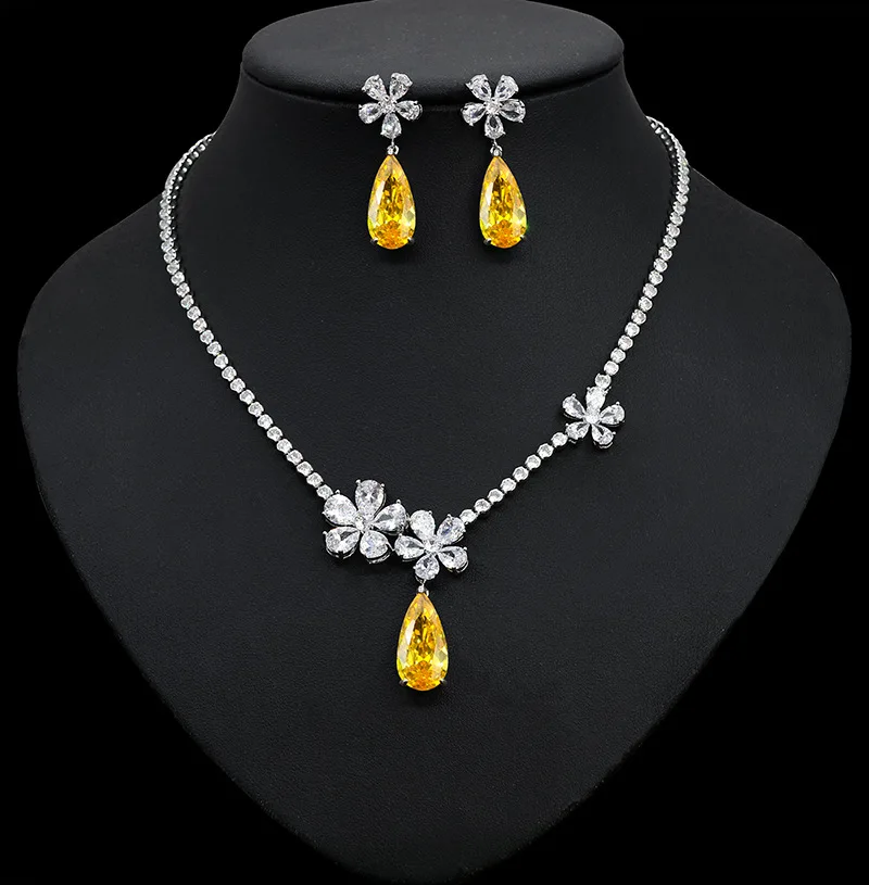 Sangnuo Flower Cubic Zirconia Necklace Earrings Set for Women Bridal Wedding Engagement Party Jewelry Sets High Quality Jewell