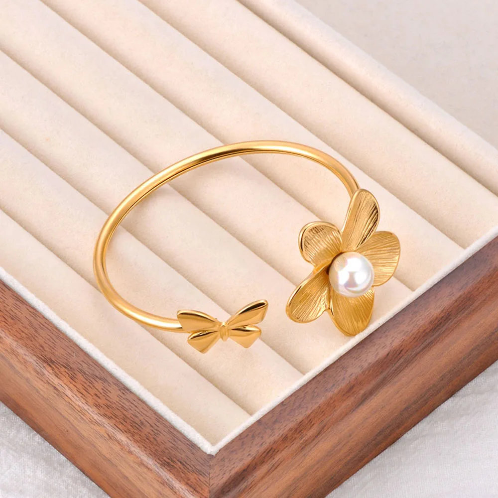 Женский Жемчужный Браслет Lokaer Открытая Нержавеющая Сталь 316L С 18-каратным