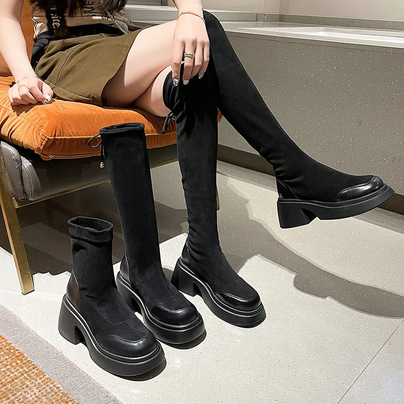 

Women's Chunky Heels Suede Warm Ankle Boots 2023 Winter Fashion Over The Knee High Boots Women Platform Shoes Bota De Vaqueiro