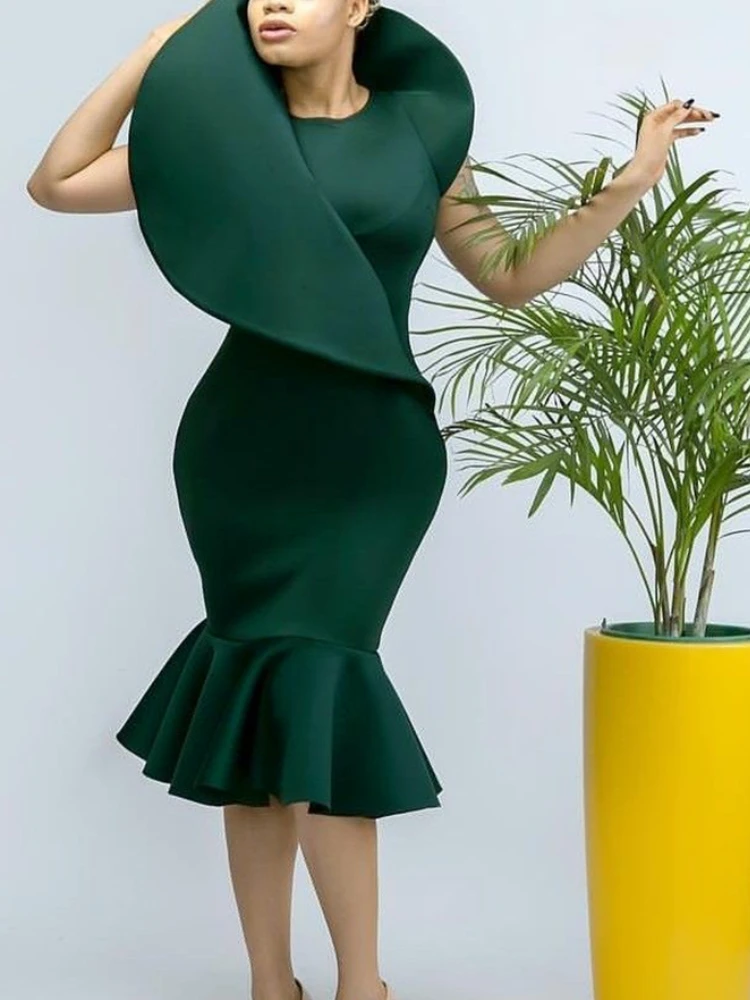 

Женское платье-Русалка средней длины, темно-зеленое платье с круглым вырезом и рукавами-фонариками