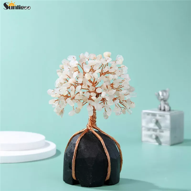 

Sunligoo Mini Clear Quartz Moonstone Healing Crystal Money Tree W/ Copper Wire Wrapped Obsidian Base Feng Shui Trees Home Decor