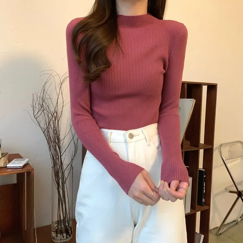 Модный вязаный свитер с длинными рукавами и круглым вырезом женский топ