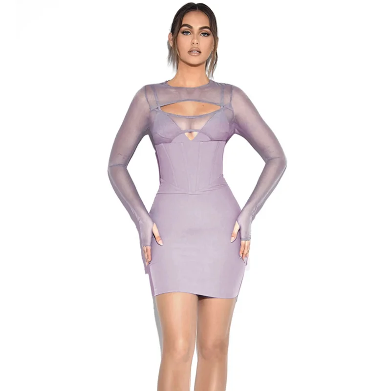 

Purple Dress Sexy Hollow Lace Long Sleeve Colored Ding Wrap Hip Dress dress for women summer dress