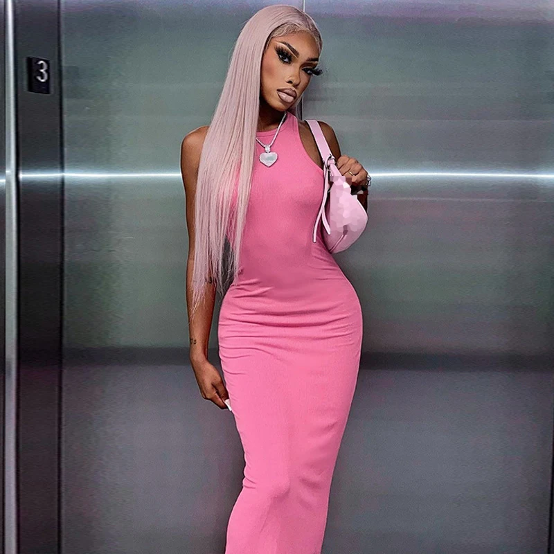 

Women Spaghetti Strap Pink Skims Long Dress 2023 Summer Y2k Sleeveless Solid Sexy Skinny Bodycon Trumpet Maxi Dresses Vestidos