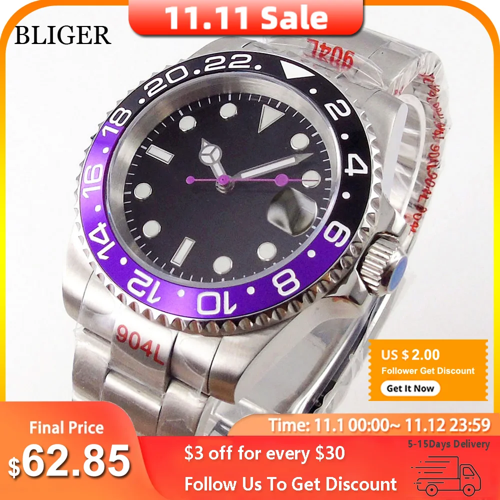 Дешево Часы BLIGER Мужские автоматические, японские светящиеся деловые наручные часы с сапфировым стеклом, со скользящей застежкой, NH35A, 40 мм, черные ф...