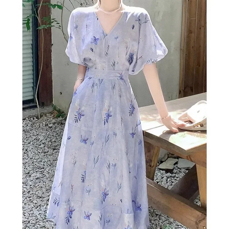 Женское облегающее платье элегантное фиолетовое длинное с пышными рукавами и