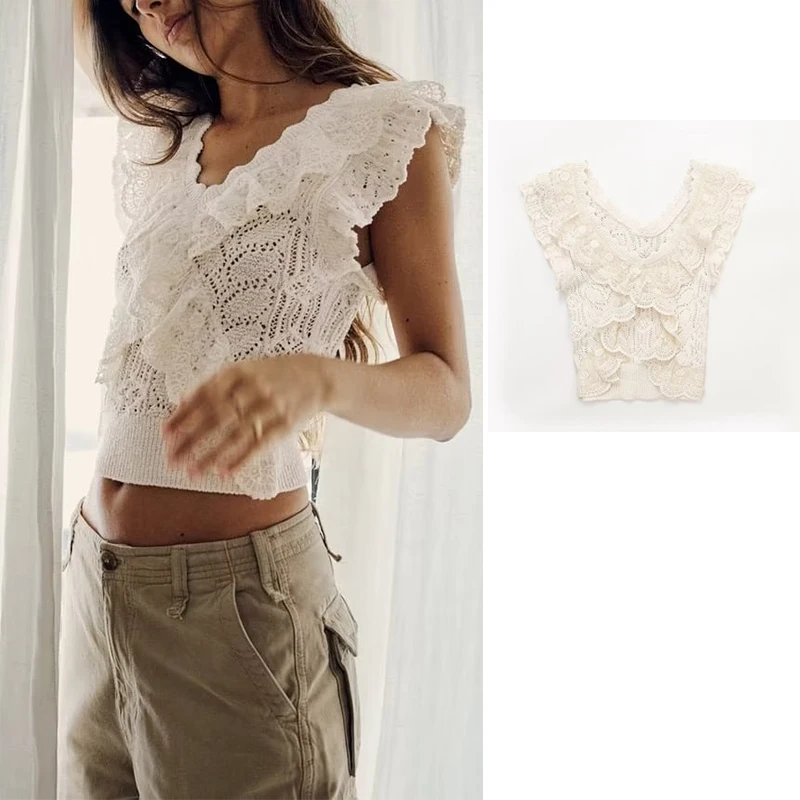 

Женский трикотажный топ с оборками, без рукавов