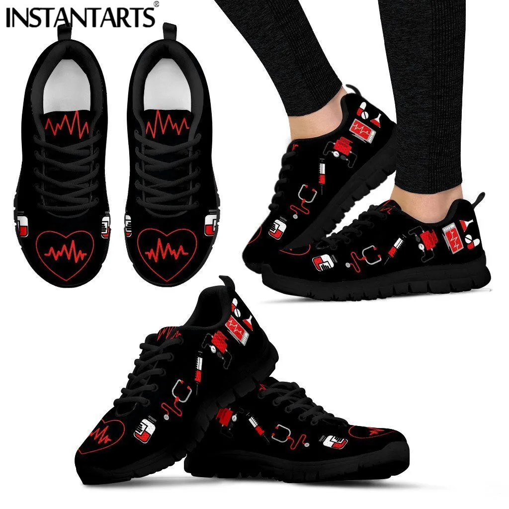 

INSTANTARTS Hospital Equipment Nurse Heart Beat Print Women Flats Shoes Breathable Spring Sneakers Nursing Gifts for Girls Shoe