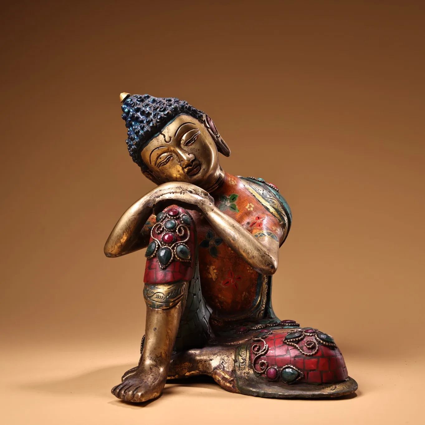 

7"Tibet Temple Collection Old Bronze Outline in gold Mosaic Gem Turquoise Sleeping Buddha Meditation Buddha Worship Hall