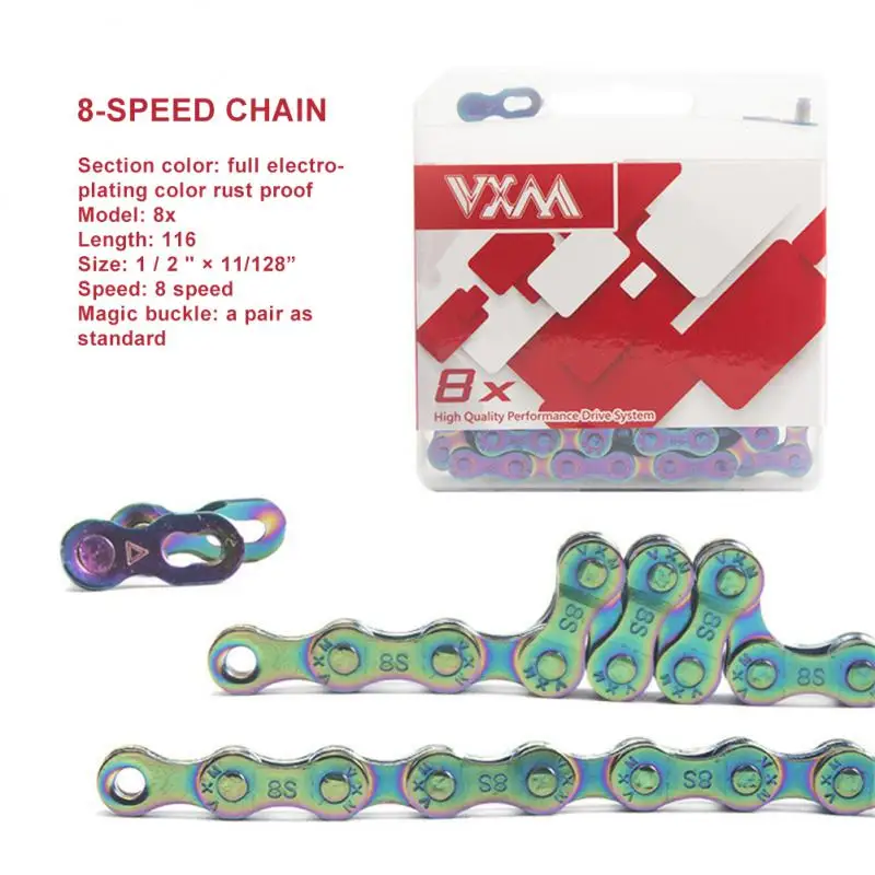 

Велосипедная цепь VXM MTB, Ослепительная цветная велосипедная цепь 678S/9S/10S/11S, полный раздел, устойчивая к ржавчине, шаг 116 мм