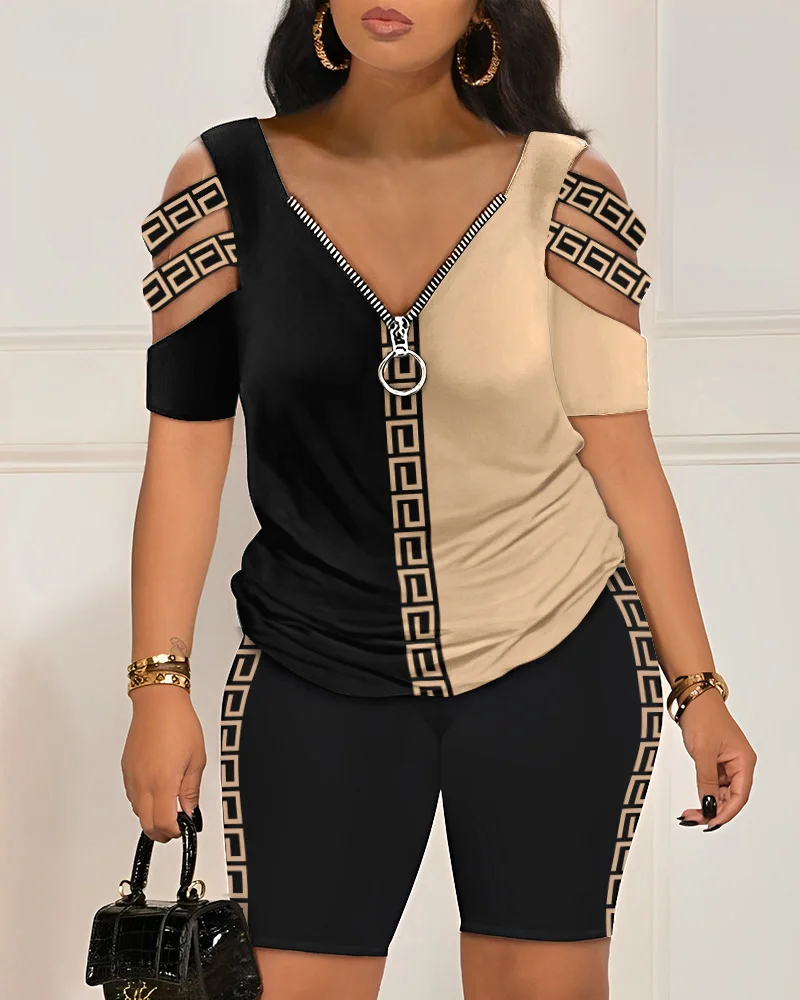

Geometric Print Colorblock Top & High Waist Shorts Set Women Zipper V Neck Hollow Out T Shirt Shorts Pants Sexy Summer