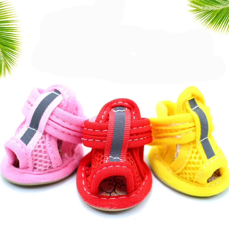 4pcs/set Non-slip Summer Dog Shoes Breathable Mesh Sandals for Small Dogs Pet Outdoor Reflective Strip Sneakers Dog Shoes Boots