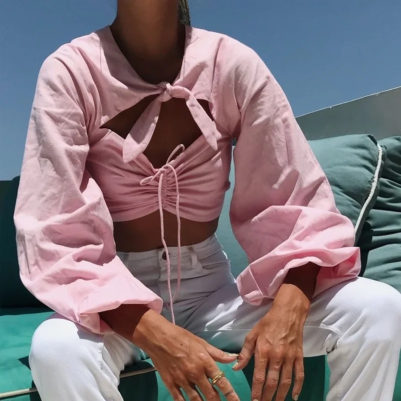 

Женский короткий топ с бантом на шнуровке Y2k, Модный облегающий топ с длинными рукавами-фонариками, регулируемый ажурный топ с бантом