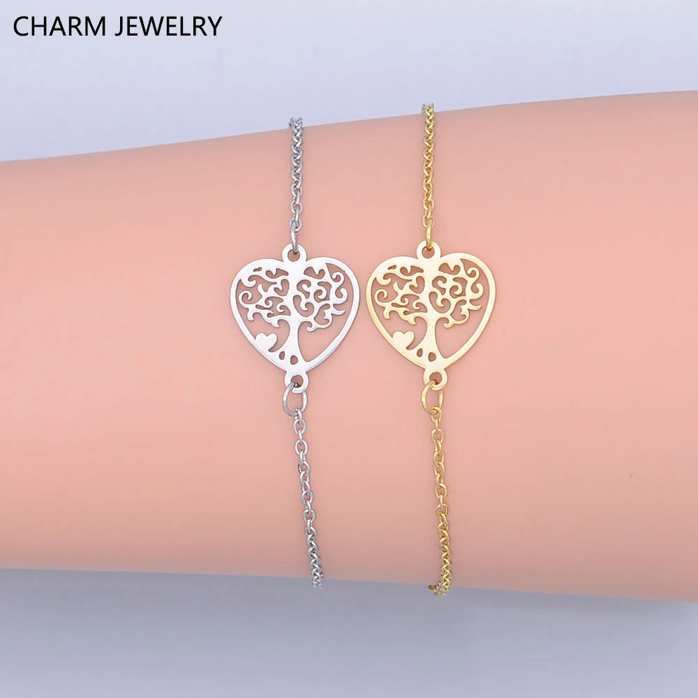 

CHARM JEWELRY Heart Tree Of Life Bracelets Stainless Steel Hollow Geometry Pendant Bangle For Women Simple Jewelry Birthday Gift
