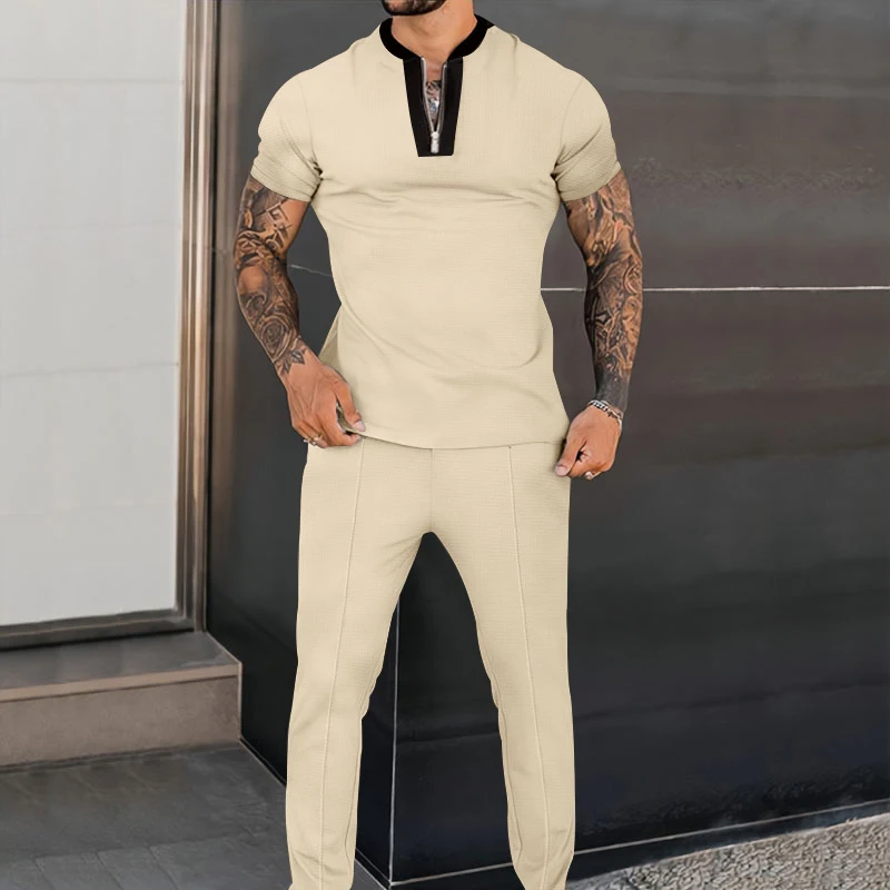 

Summer Casual Two Piece Sets Men Zipper O Neck Tops+Long Pants Outfit Simple Loose Short Sleeve Solid Man Tracksuit Streetwear