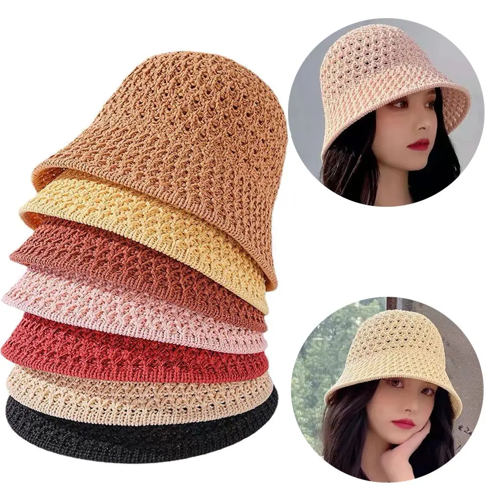 

1PC Portable Bucket Hat Spring Summer Hollow Knitted Hat Solid Color Sunhat Fisherman Caps Casual Foldable Beach Cap