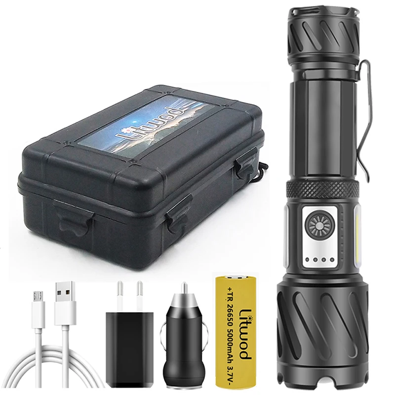 

26650 Battery Led Flashlight XHP160 High Quality Torch Super Bright Usb Rechargeable Zoomable Lantern COB Red Yellow Light