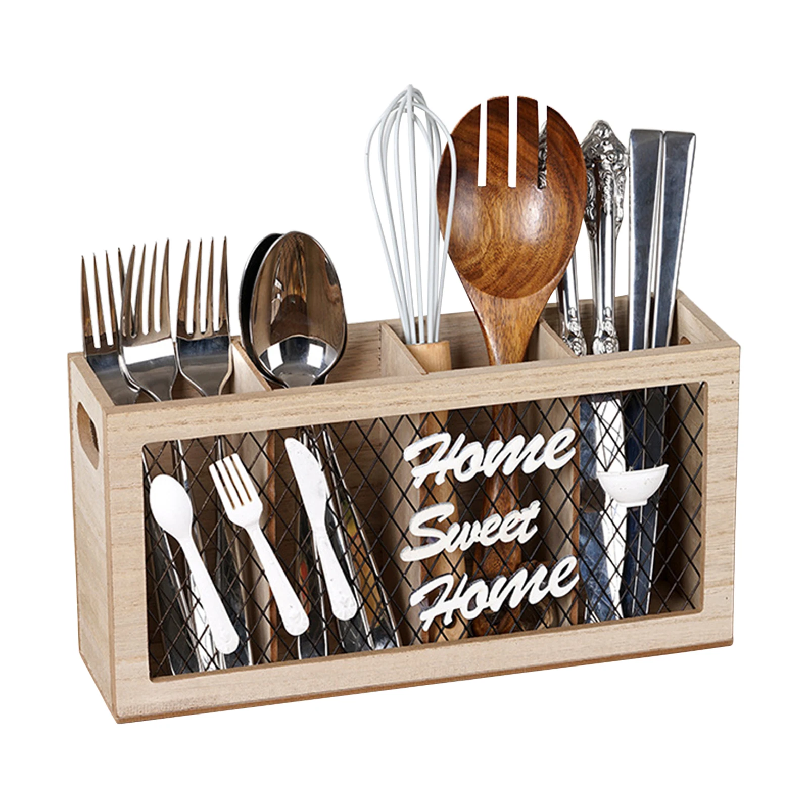 

Wooden Utensil Holder European-Style Utensil HolderFlatware Caddy With 4 Compartments Organizer Box For Spoons Knives Forks