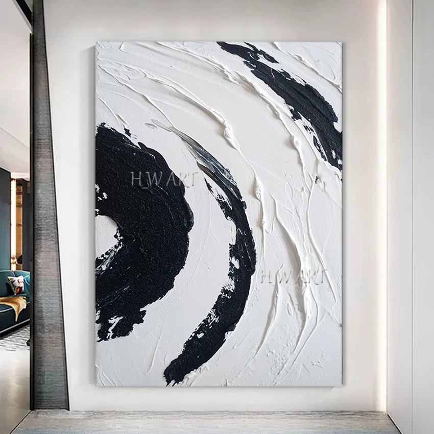 

Modern New Paintings Art Pure Handmade Abstract Textured 3D Black White Lines Oil Painting Home Wall Thick Acrylic Art On Canvas