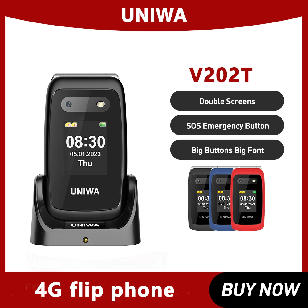 UNIWA V202T 4G раскладной телефон для пожилых людей 2 4-дюймовый двойной экран кнопка