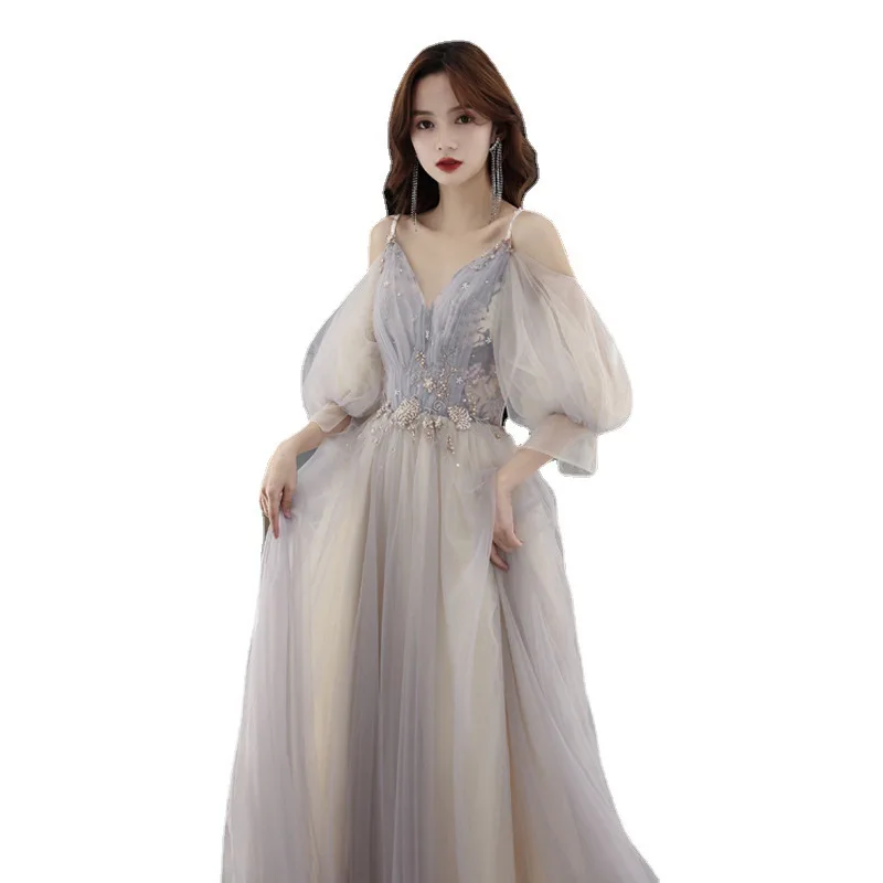 Banquet evening dress women 2022 new temperament host dress fairy long sleeve vocal art test long dress