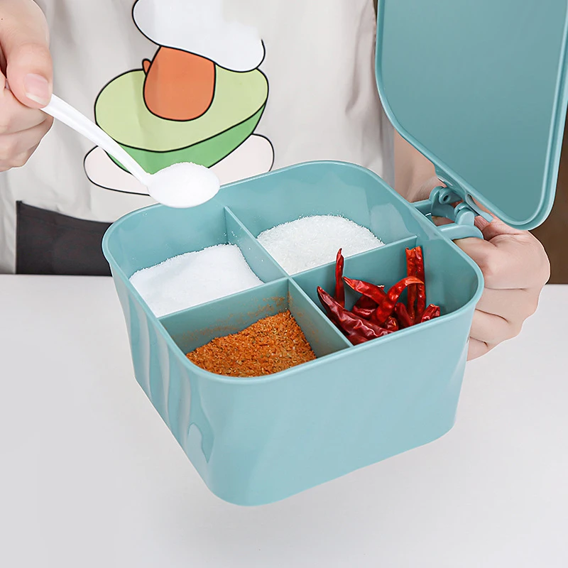 

Spice Box with Spoon and Lid 4 Compartments Salt Pepper Jar Storage Container Spice Box Kitchen Supply Useful Dropshipping
