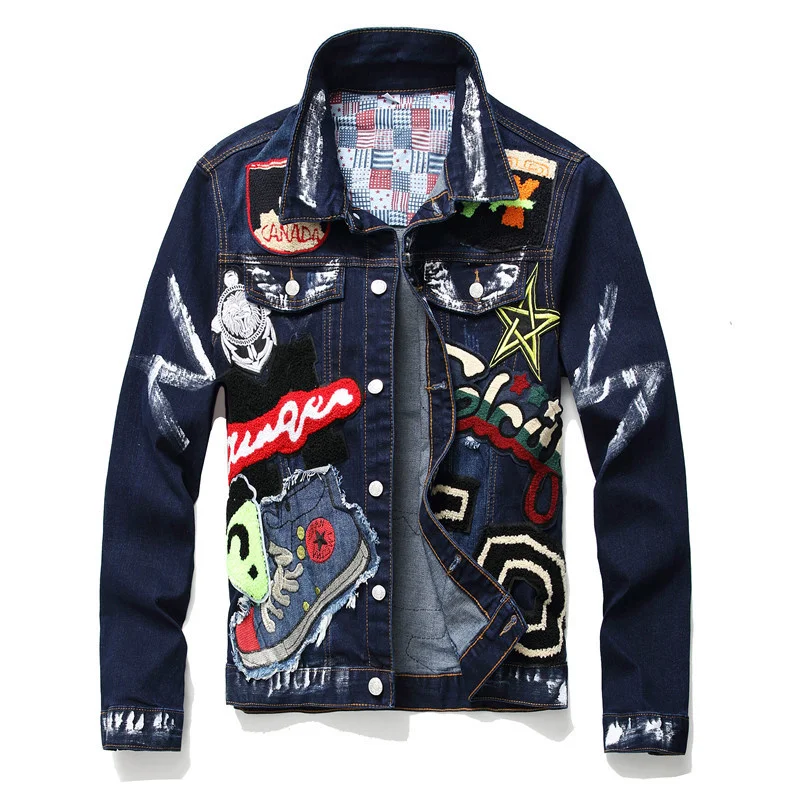 

Men's Flag Letters Patch Design Painted Denim Jacket Slim Fit Skull Badge Patchwork Long Sleeve Jean Coat Outerwear