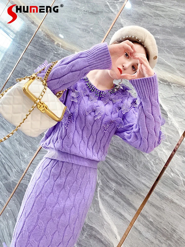 

Fashion Knitted Sweater Top and Mid Knitted Skirts Suit 2022 Women's New Purple Bow Warm Slimming Overskirt Suit Two Pieces
