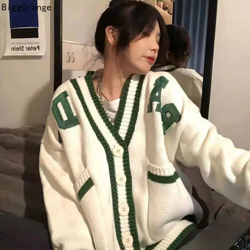 

Autumn and Winter College Style Letter Embroidery V-neck Cardigan Sweater Women Korean Version Loose All-match Knitted Cardigan