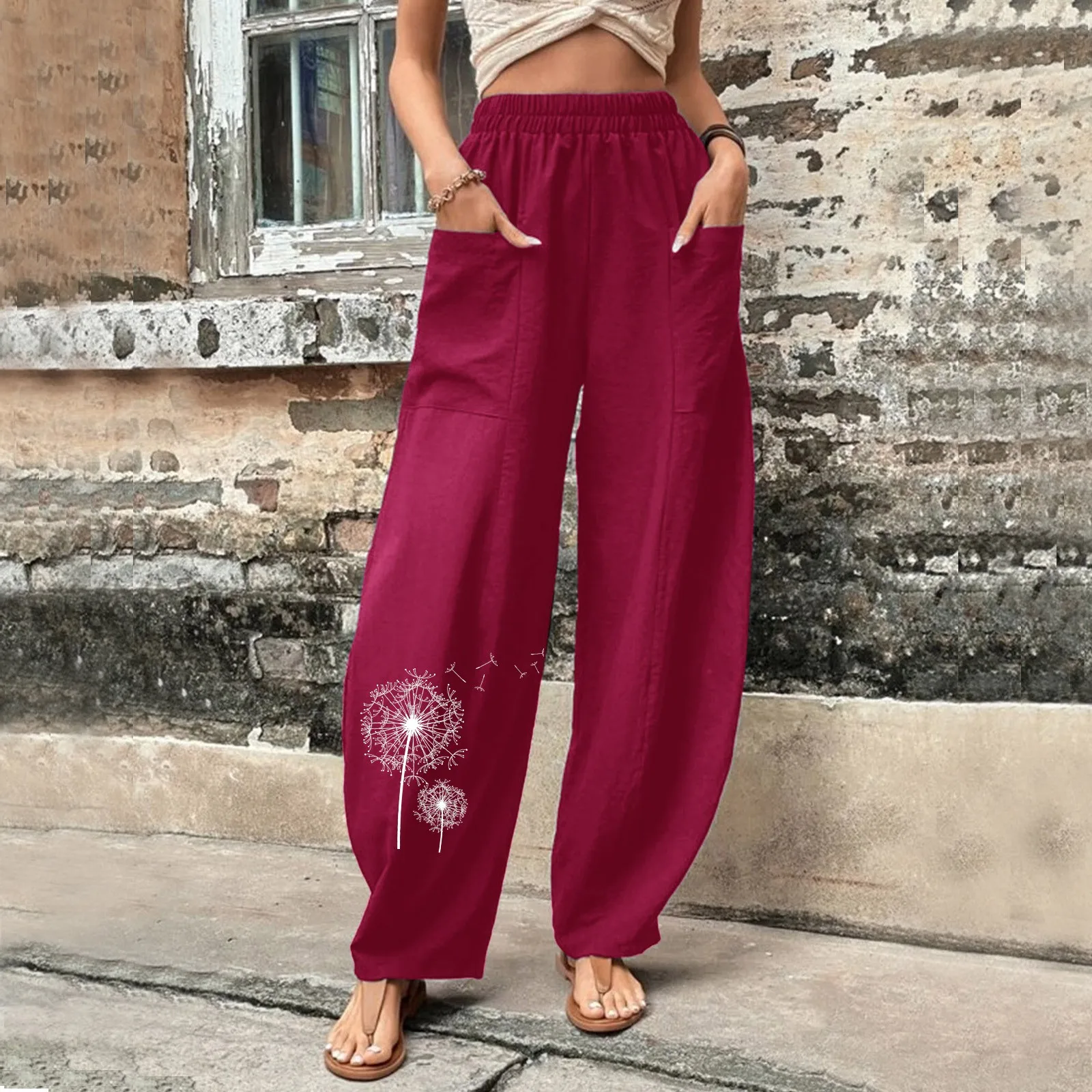 Womens Solid Color Casual Pants Flower Prints Trousers Elastic Waist Pockets Wide Leg Two Piece Outfits For Women Harem Trousers