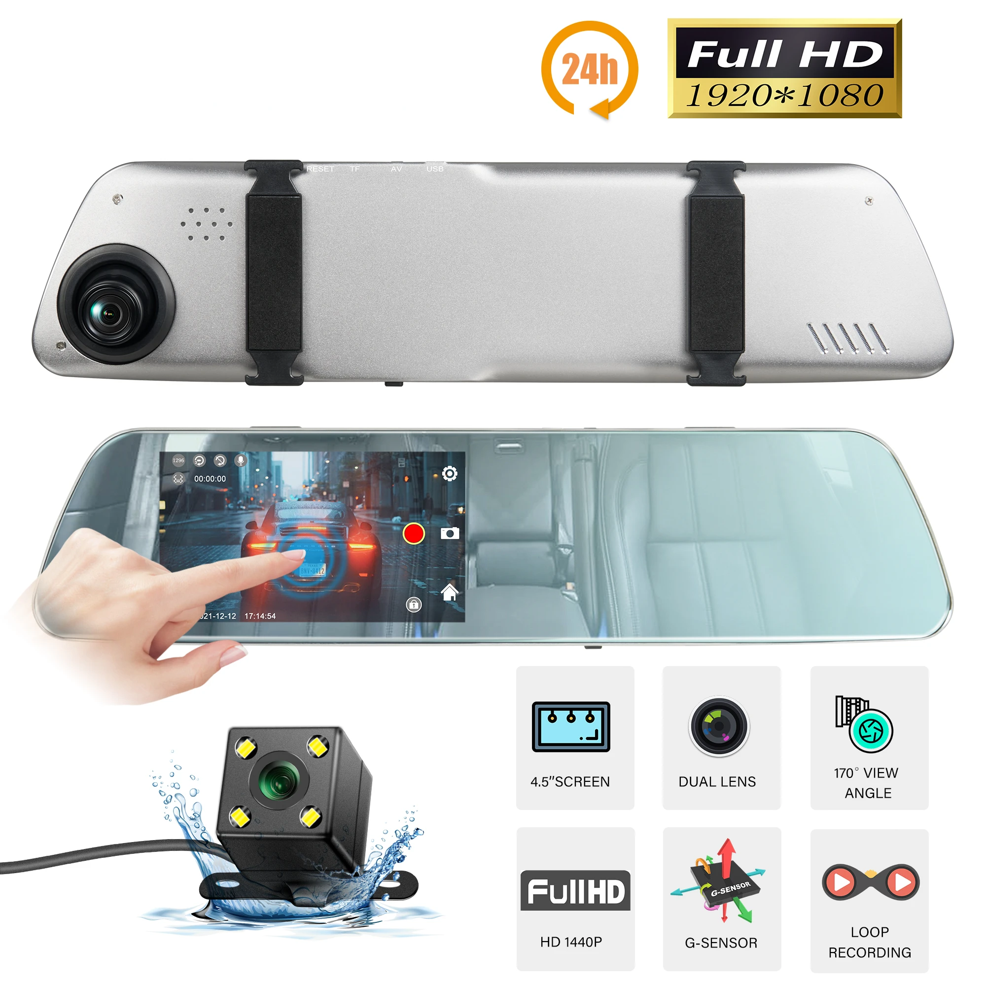 24H Car Video Recorder Touch Screen 4.5In Dash Cam 1440P HD Car Mirror Recorder DVR Dash Camera Night Vision Rear View Recording