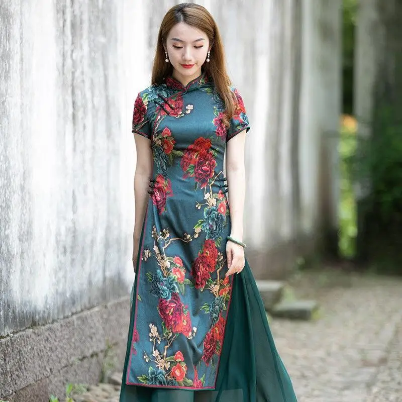 

2022 vietnam aodai cheongsam dress aodai vietnam flower print cheongsam aodai vietnam dress vietnamese traditional qipao dress