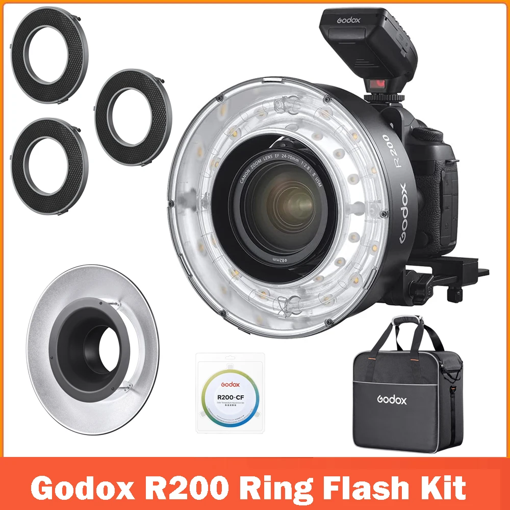 

Кольцевая вспышка Godox R200 для AD200, AD200Pro, 200Ws, 5800 ± 200K, с моделирующей лампой для портретной макросъемки, стоматологической съемки на открытом во...
