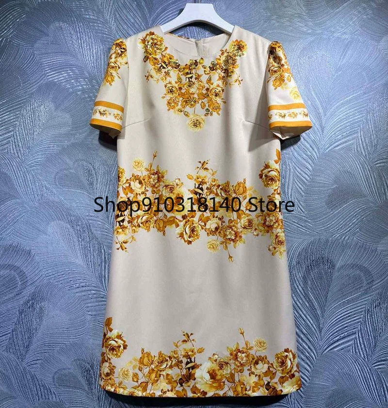 

Rhinestone beading 2022 vintage summer women yellow floral printed dresses designer runway o-neck short sleeve mini dress B35