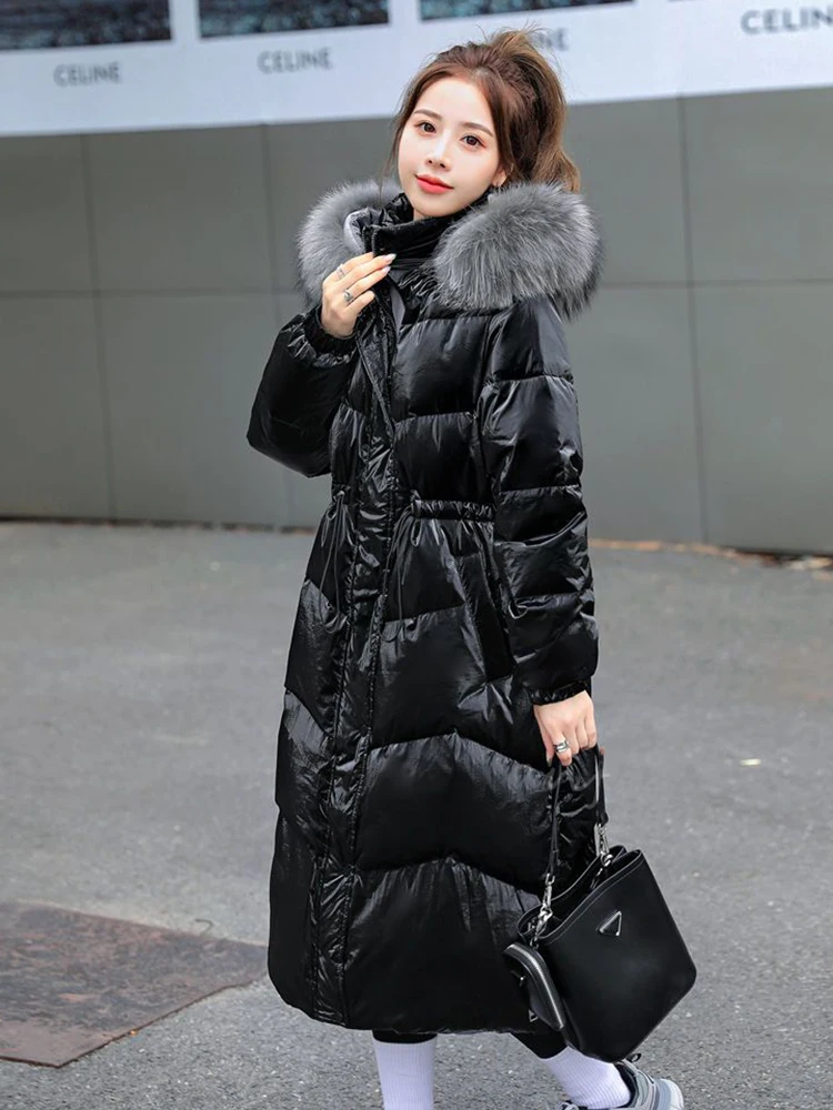 

KBAT Black Glossy Parka Coat Women 2022 Fashion Thicken Winter Hooded Loose Long Jacket Female Windproof Rainproof Warm Outwear