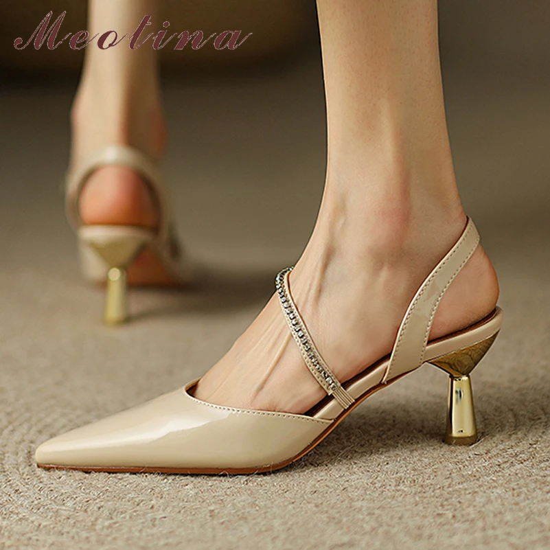 

Meotina Genuine Leather Women Slingbacks Shoes Thin Heels Pointed Toe Crystal Chain Pumps Med Heels Ladies Footwear Spring Beige