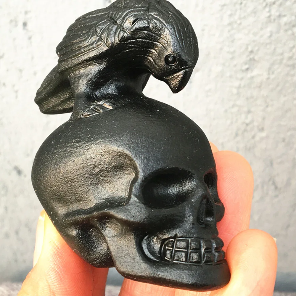 

Natural obsidian quartz crow skull hand-carved crystal Reiki healing 1PC 70-80mm
