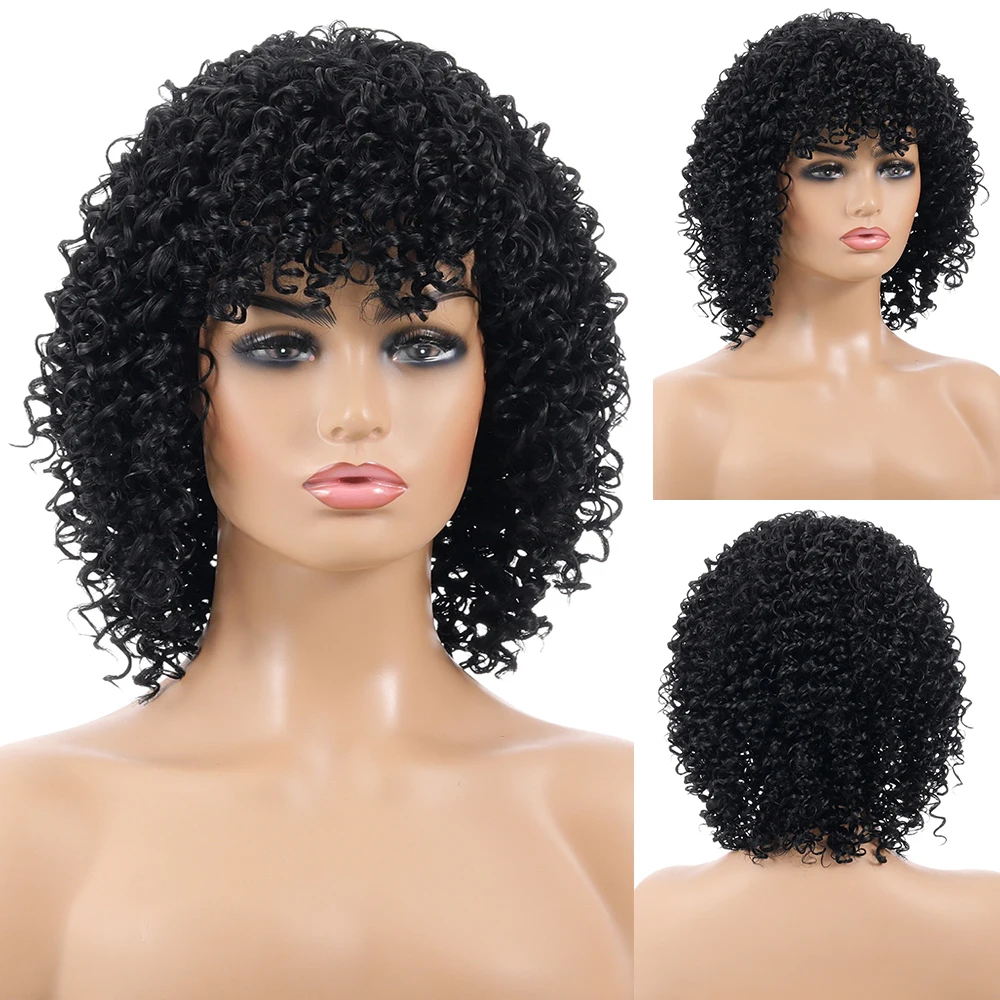 

Your Style Synthetic Short Kinky Curly Bob Wig With Fringe Bangs For Afro Black Woman African American Hairstyle Wigs