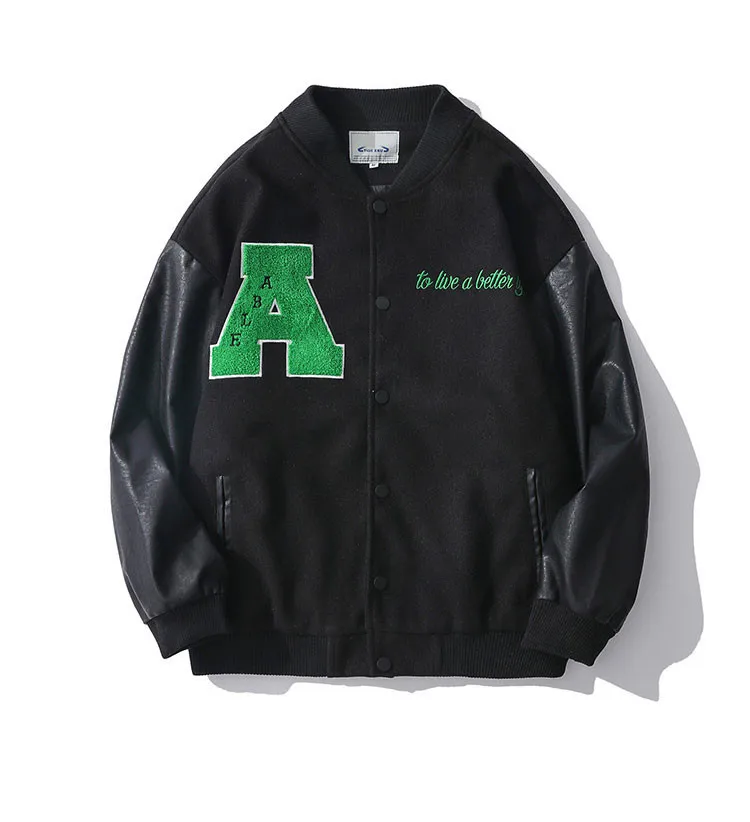 

Hot Embroidery American Street PU Leather Sleeve Baseball Uniform Korean Men and Women Couple Jacket Woolen Jacket