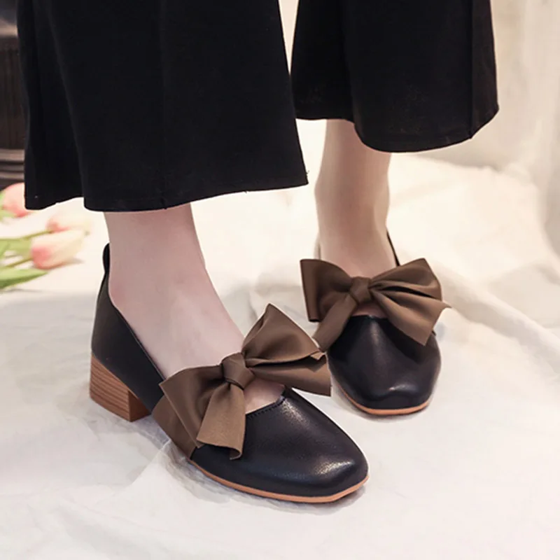 

Medium Heels Dress Shoes Butterfly Knot Pumps Square Toe Boat Woman High Ol Office Ladies Zapatos De Mujer