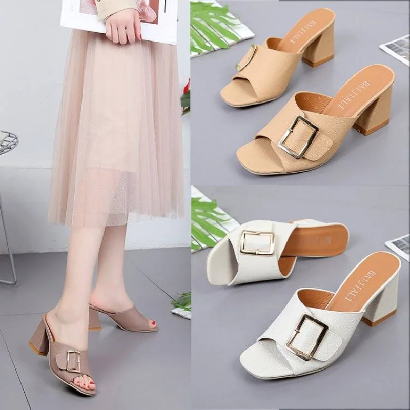 

Women's Slippers and Ladies Sandals Job Slides Heeled Shoes White Summer 2023 Open Toe Outside Comfortable Elegan Chic Elegant Y