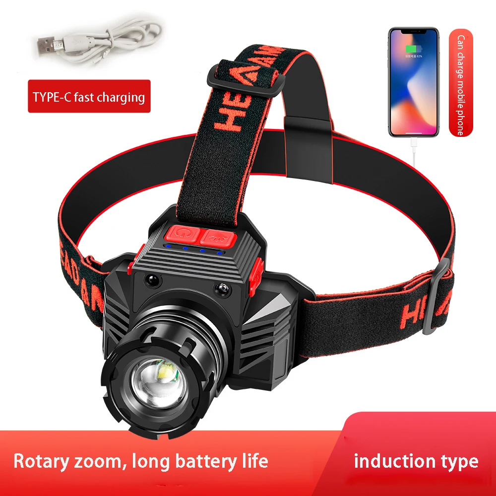 

Вращающийся зум T6, индукционный налобный фонарь с сильным лучом, светодиодный фонарь, Аккумуляторный налобный фонарь, Головной фонарь, фона...